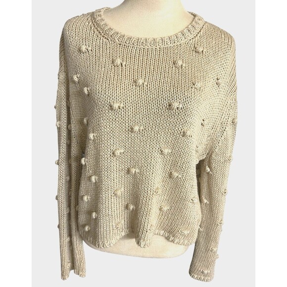 Zara Pom Pom Cropped Beige Linen Blend Open Knit Oversized Sweater Size S - Picture 2 of 10